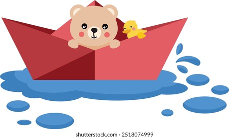 Lindo oso de peluche dentro del barco de papel de origami
