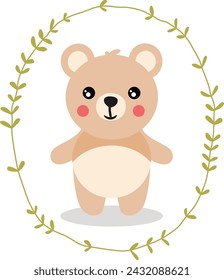 Cute teddy bear inside an oval leaves border
