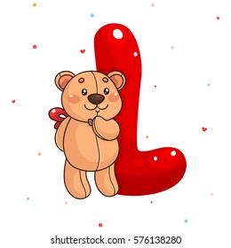 Cute teddy bear and letter L, traditional toy, cartoon character, background for Valentine’s day.