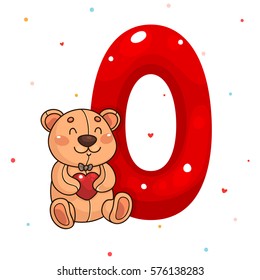 Cute teddy bear and letter O, traditional toy, cartoon character, background for Valentine’s day.