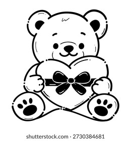 Bonito Teddy Bear Line Art Holding Gift com fita. adequado para projetos do Dia dos Namorados, presentes de casamento e aniversário, cartões de saudação, adesivos, impressões de camisetas, cartazes, decoração de berçário, páginas de coloração e gráficos de mídia social