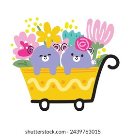 Cute teddy bear line hand drawn style stay in trolley plant with flower.Spring.Floral.Nature.Wild animal character cartoon design.Baby graphic.Kawaii.Vector.Illustration.