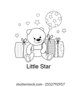 Cute teddy bear little boy coloring book, page for kids, children, girl. Cute animal with balloon. Vector illustration . Drawing activity for kids, toy, game, play.Printable colouring page