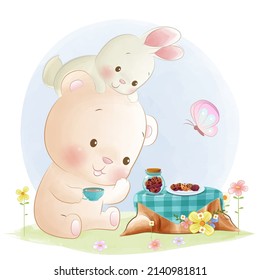 Cute teddy bear and little bunny tea party