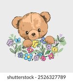 Cute teddy bear and little flowers vector hand drawn illustration cute print design for kids 