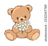 Cute teddy bear and little flowers vector hand drawn illustration cute print design for kids 