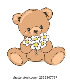 Cute teddy bear and little flowers vector hand drawn illustration cute print design for kids 