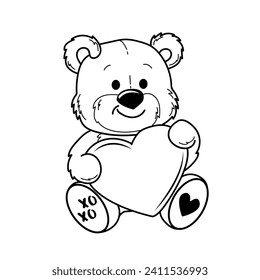 Der süße Teddybär verliebt sich in das große Herz. Vektorgrafik-Illustration. Valentinstag-Karte. Farbbuch für Kinder