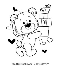 Cute teddy bear in love with gift boxes. Vector cartoon illustration. Valentine's day card. Coloring book for children