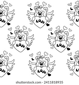 Cute teddy bear in love with heart seamless, pattern. Vector cartoon illustration. Valentine's сoloring book for children
