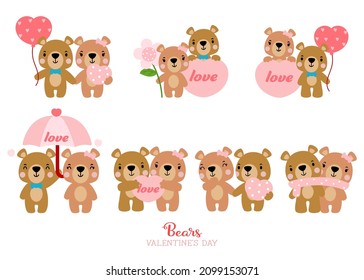 cute teddy bear love set valentines day with elements, Falt vector 