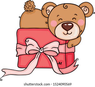 Cute teddy bear lying on gift box with ribbon bow
