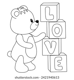 A cute teddy bear made the word Love out of cubes. Coloring page for children. Print it out and bring it to life with color. Coloring book for Happy Valentine's Day. Vector illustration