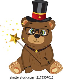 Cute teddy bear magician with magic wand and magic hat.Cartoon style hand drawn vector illustration.