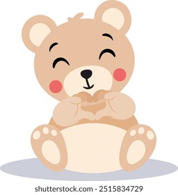 Cute teddy bear making heart with hands
