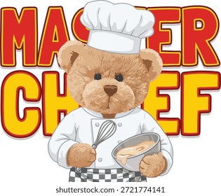 Ilustración del chef maestro del oso de peluche lindo, gráfico de Vector de un oso en uniforme de chef con batidor y tazón, tema de cocina de Profesional