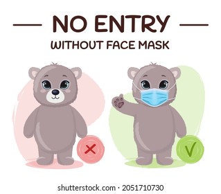 Cute teddy bear in medical protective mask with thumbs up. No entry without mask. Attention sign.