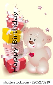 Cute Teddy Bear And A Mountain Of Presents. Card Design Template 