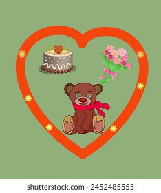 Cute teddy bear next to a bouquet of roses and a cake embedded in a heart shape. Vector illustration.