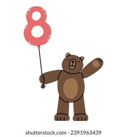 Cute Teddy Bear with number Eight.  Illustration on simple modern style. Colorful flat vector illustration isolated on white background. Premade poster, t-shirt print, sticker, textile