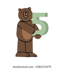 Cute Teddy Bear with number Five. Birthday banner. Illustration on simple modern style. Colorful flat vector illustration isolate on a white background. Premade poster, t-shirt print, sticker, textile
