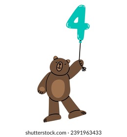 Cute Teddy Bear with number Four.  Illustration on simple modern style. Colorful flat vector illustration isolated on white background. Premade poster, t-shirt print, sticker, textile