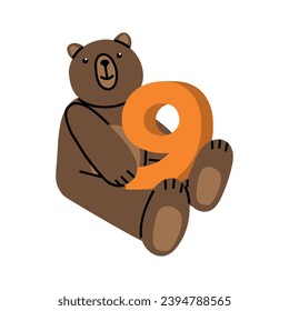 Cute Teddy Bear with number Nine.  Illustration on simple modern style. Colorful flat vector illustration isolated on white background. Premade poster, t-shirt print, sticker, textile