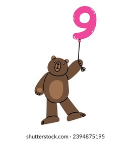 Cute Teddy Bear with number Nine.  Illustration on simple modern style. Colorful flat vector illustration isolated on white background. Premade poster, t-shirt print, sticker, textile. EPS 10
