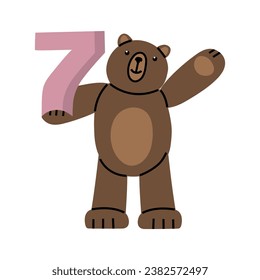 Cute Teddy Bear with number Seven. Birthday banner. Illustration on simple modern style. Colorful flat vector illustration isolate on a white background. Premade poster, t-shirt, sticker, textile