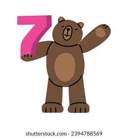Cute Teddy Bear with number Seven.  Illustration on simple modern style. Colorful flat vector illustration isolated on white background. Premade poster, t-shirt print, sticker, textile