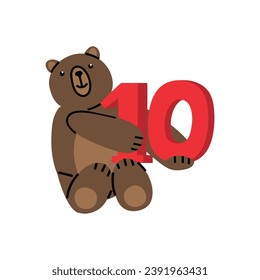 Cute Teddy Bear with number Ten.  Illustration on simple modern style. Colorful flat vector illustration isolated on white background. Premade poster, t-shirt print, sticker, textile