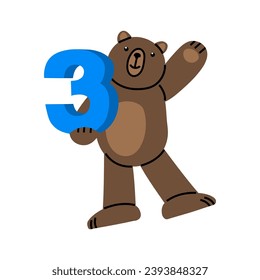 Cute Teddy Bär mit Nummer drei.  Illustration auf einfachem, modernem Stil. Farbige flache Vektorgrafik einzeln auf weißem Hintergrund. Vorgefertigte Plakate, T-Shirt-Druck, Aufkleber, Textilien