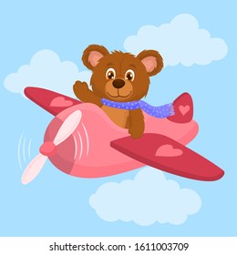 Cute teddy bear on an airplane. Flying with love.