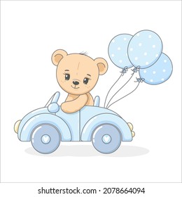 Cute Teddy Bear On A Car With Balloons. Vector Illustration Of A Cartoon.