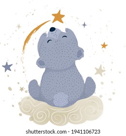 Cute Teddy Bear on the cloud with little stars, watercolor vector illustration.