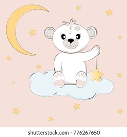 Cute teddy bear on the cloud holds the star. Picture for t-shirt graphics for kids and other uses. Greeting card.