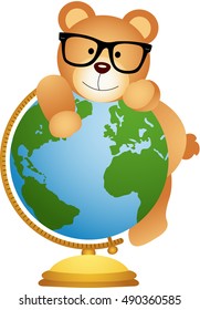 Cute teddy bear on earth ball