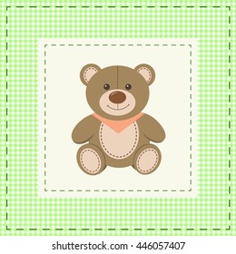 Cute teddy bear on green checkered background. Vector illustration in cartoon style