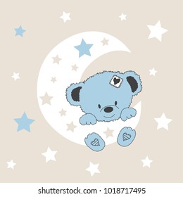 cute teddy bear on the moon, baby shower card vector illustration