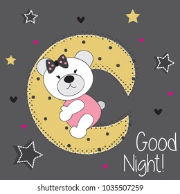 cute teddy bear on the moon, baby shower card vector illustration