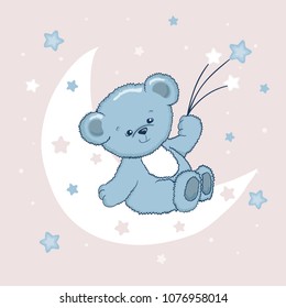 Cute Teddy Bear on the moon. Sweet dreams vector illustration.