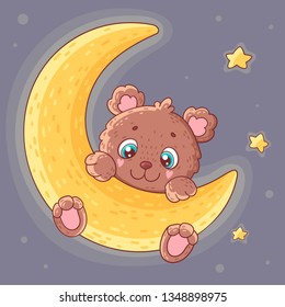 Cute teddy bear on moon. Children illustration.