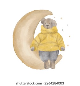 Cute Teddy Bear on the moon with little stars, watercolor vector illustration