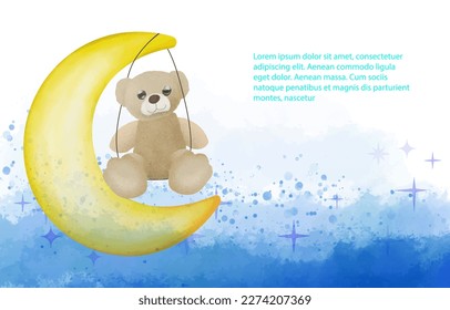 Cute teddy bear on the moon swing rides Crescent moon watercolor illustration