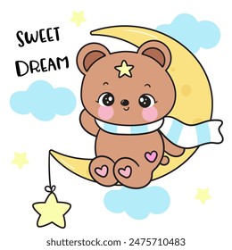 Cute teddy bear on moon winter season sweet dream fairy tales. Series: Good night kiss bedtime story Kawaii animals sleeping funny (Character cartoon). For baby t shirt, celebration party, greeting.
