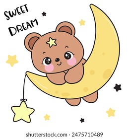 Cute teddy bear on moon with magic star sweet dream fairy tales. Series: Good night kiss bedtime story Kawaii animals sleeping funny (Character cartoon). For baby t shirt, celebration party, greeting.