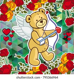 Cute teddy bear on a mosaic background with roses. The layout for greeting cards, Valentine Day cards, labels, tags, banners, flyers, ads.  Vector clip art.