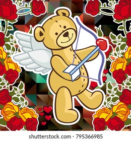 Cute teddy bear on a mosaic background with roses. The layout for greeting cards, Valentine Day cards, labels, tags, banners, flyers, ads.  Vector clip art.