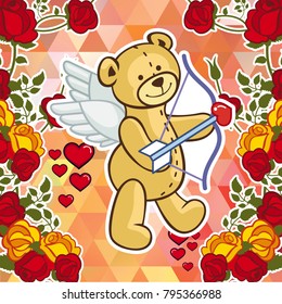 Cute teddy bear on a mosaic background with roses. The layout for greeting cards, Valentine Day cards, labels, tags, banners, flyers, ads.  Vector clip art.
