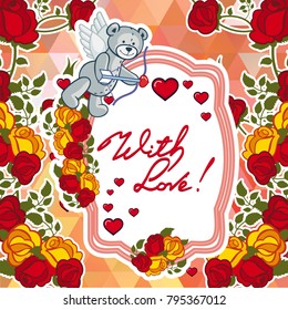 Cute teddy bear on a mosaic background with roses. The layout for greeting cards, Valentine Day cards, labels, tags, banners, flyers, ads.  Vector clip art.